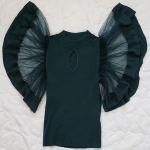 Tulle Ruffle Sleeve Pullover tops